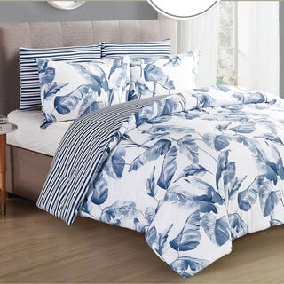 Cottage 6 Pcs Microfiber King Comforter Set, White/Blue, 230*250Cm