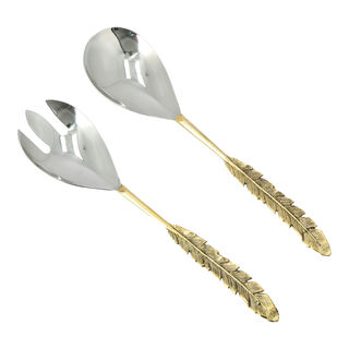 La Mesa 2 Piece Salald Serve Leaf Golden Handle Silver