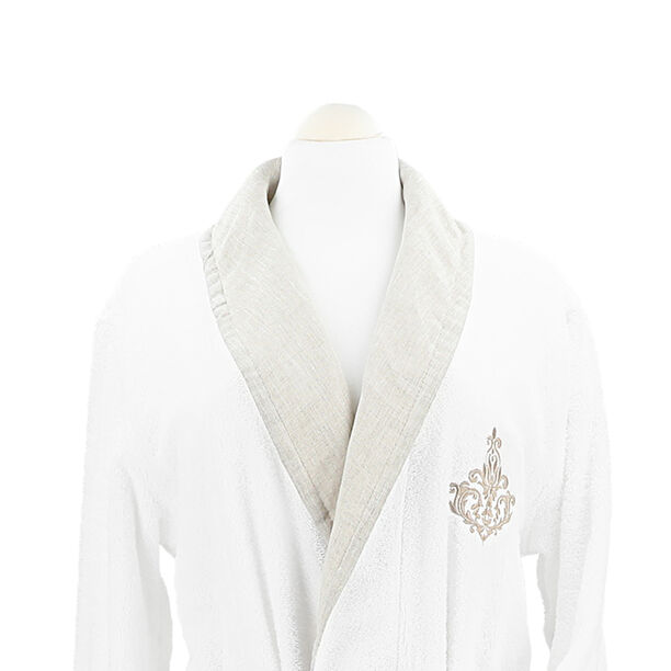 Embroidered Shawl Collar Bathrobe With Linen Cuff White L image number 3