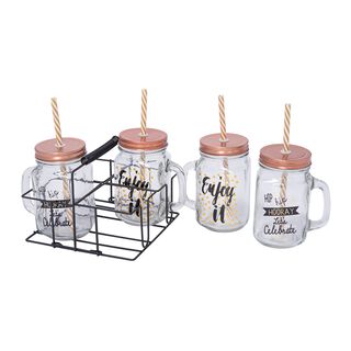 4 Pieces Glass Mug 450Ml With Straw On Metal Holder Copper Design