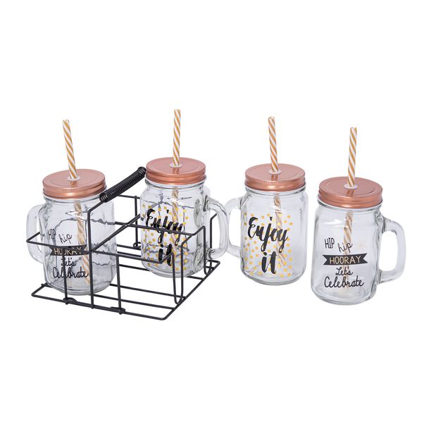 4 Pieces Glass Mug 450Ml With Straw On Metal Holder Copper Design image number 1