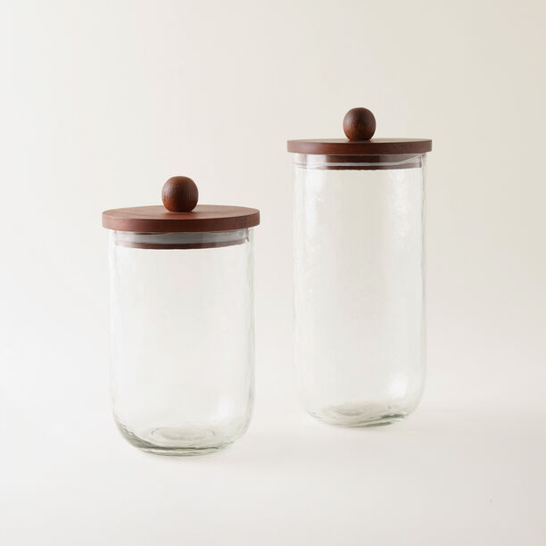Alberto set of 2pcs clear hammered glass canisters with wooden lids image number 0