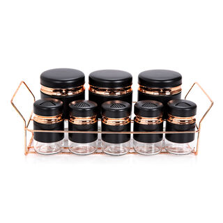 Alberto Spice Rack With8 Glass Jars With Stand Black & Rose Gold 