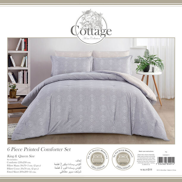 Cottage Microfiber King Comforter 6 Pcs Set, Grey, 230*250Cm image number 2