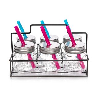 6 Pieces Glass Mug With Straw On Metal Holder