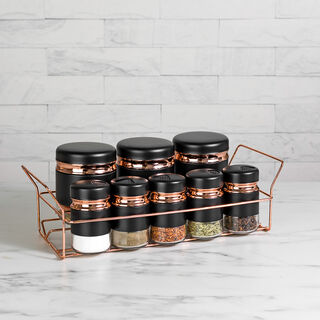 Alberto Spice Rack With8 Glass Jars With Stand Black & Rose Gold 