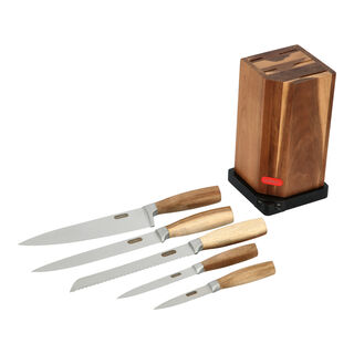 Alberto Acacia Wood Knife Block With 5 Wood Knives Set And Sharpner