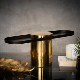 Stainless Steel Cake Standwith Stainless Steel Base Both Side Black Felt Shiny Brass Finish, Tray: Matt Black Finish 48*14*19 cms