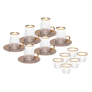 18 Pieces Tea Metalic Plate And Arabic Glass Kawa Set With Golden Glass Handle