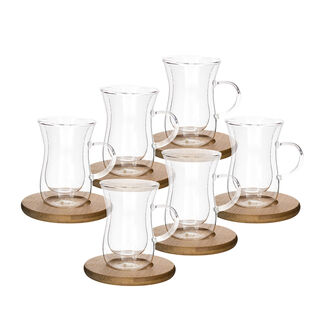 Glass Double Wall Coffee Cup Set 6 Cup + 6 Bamboo Dish