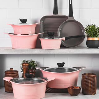 Alberto Tulip 12 Pieces Cast Aluminium Cookware Set With Glass Lids Pink