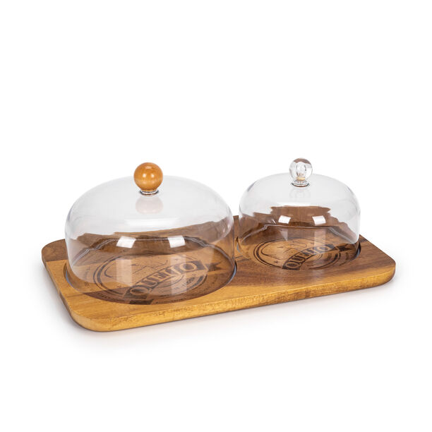 Alberto Acacia Wood Serving Dish With 2 Glass Lids image number 0