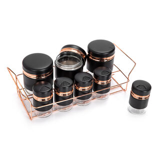 Alberto Spice Rack With8 Glass Jars With Stand Black & Rose Gold 