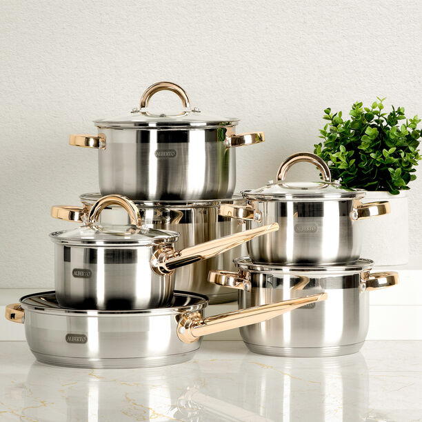 Alberto Stainless Steel Cookware Set 12 Pieces Golden Handle image number 0