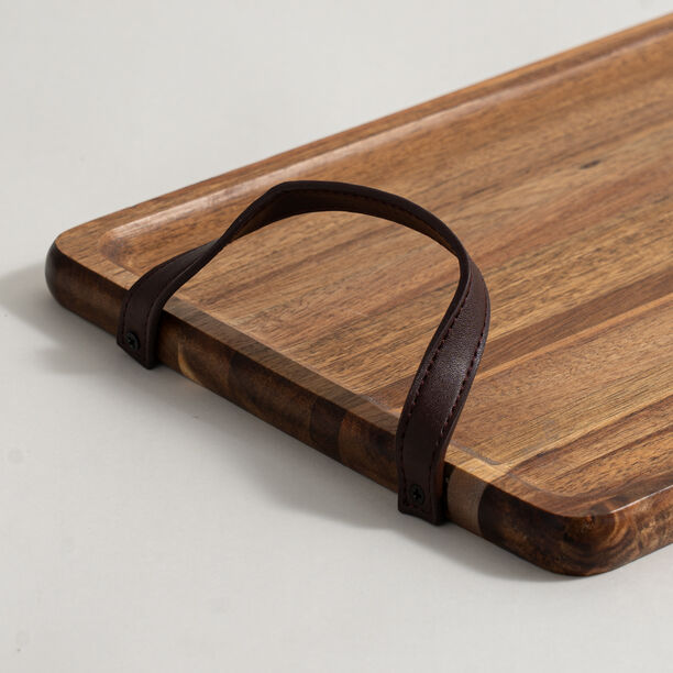 Dallaty rectangular acacia wood serving tray with leather Handles 35*25*1.8cm, brown image number 1