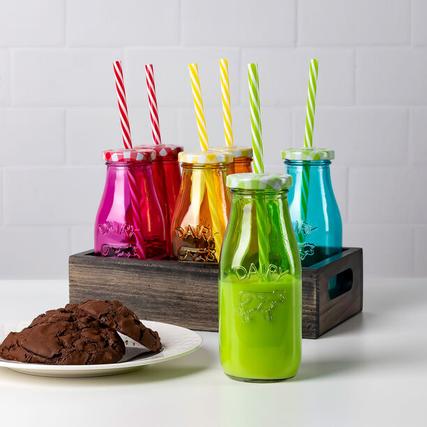6Pcs Glass Milk Bottles With Metal Lid And Plastic Straw Assorted Colors image number 0