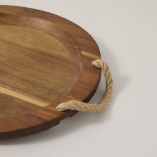 Alberto Acacia Wood Round Serving Tray With Rope Handles Dia:35Cm