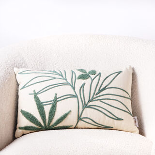 بوتيك بلانش وسادة مستطيلة قطن بتطريز أوراق الشجر، أخضر 45*35*15سم