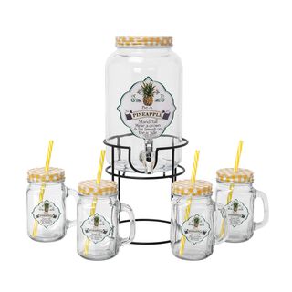 Alberto Glass Beverage Dispenser Set With 4 Pieces Mug V:3000+450Ml Pineapple Design