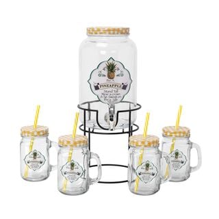Alberto Glass Beverage Dispenser Set With 4 Pieces Mug V:3000+450Ml Pineapple Design