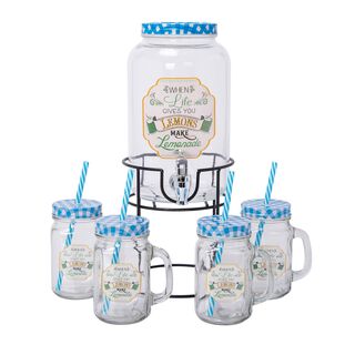 Alberto Glass Beverage Dispenser Set With 4 Pieces Mug V:3000+450Ml Lemonade Design