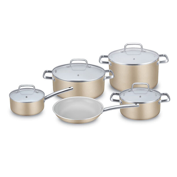 9Pcs Non Stick Cookware Set With Ceramic Coating Inside Gold image number 1