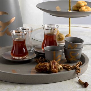 طقم شاي و قهوة عربي 18 قطعة لون رمادي مع خط ذهبي