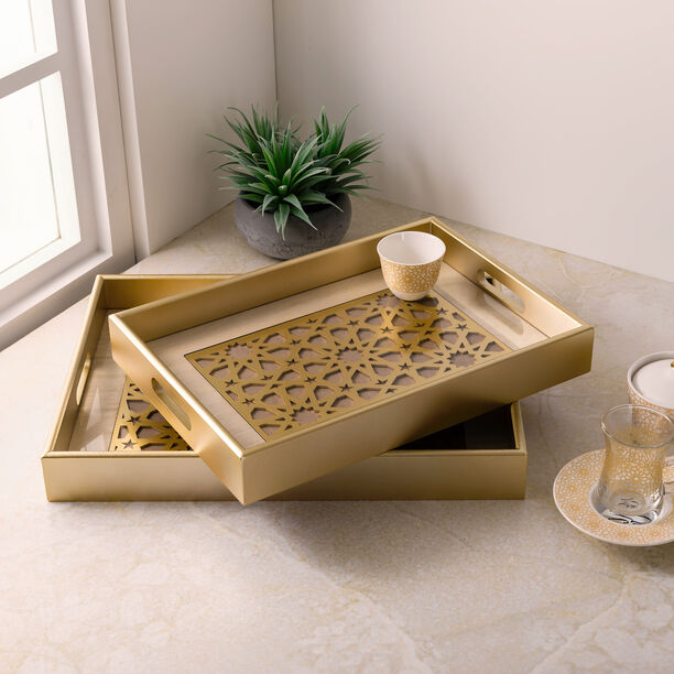 Wooden Tray Set With Glass 2 Pieces Gold Color image number 4