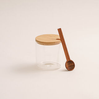 3Pcs glass storage jar set with bamboo lid and spoon and rack