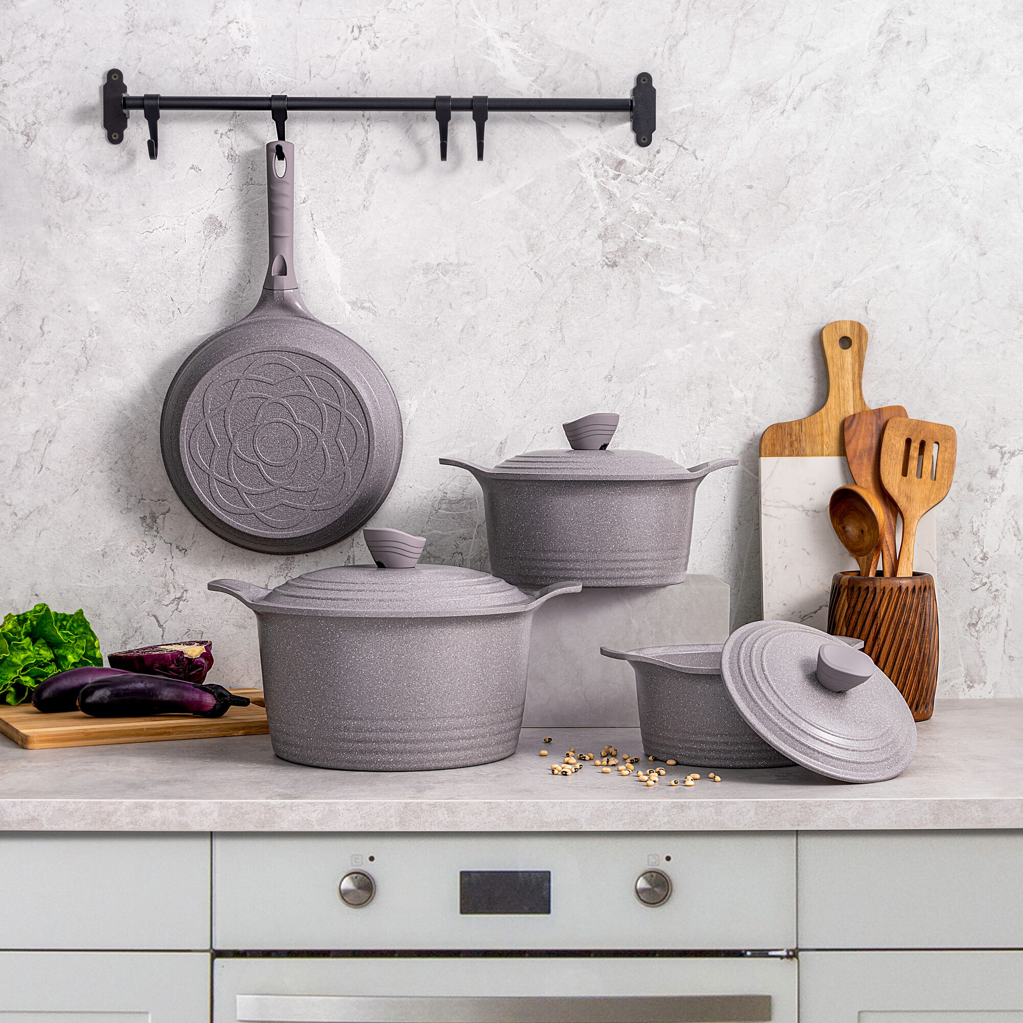 Buy Alberto 7 Piece Ceramic Cookware Set Gray Marble Korean 20 24