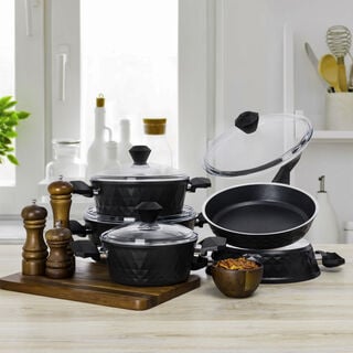 9Pcs Diamond Cookware Set With Glass Lid Black