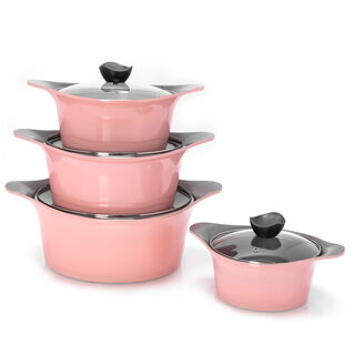 Alberto 8Pcs Cast Alumnium Cookware Set Of Casseroles W/ Glass Lid Pink