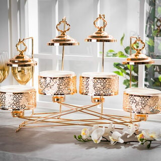 4 pieces Round Food Warmer Set With Candle Stand Gold 5"