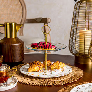 La Mesa gold porcelain and glass 2 tiered cake stand