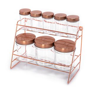 Alberto Glass Spice Jars Set 8 Pieces With Copper Lid & Stand