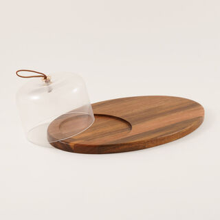 Dallaty 2Pieces Wood Tray with Glass Bowl, Brown and Clear