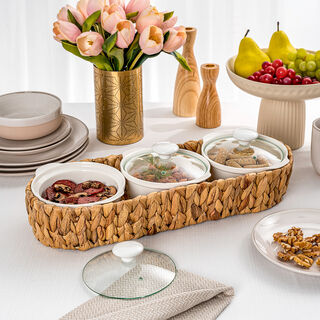 Porcelain 3Pcs Round Casseroles With Lid And Rattan Basket