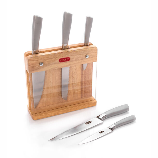 Alberto Rubber Wood Knife Block With 5 Stainless Steel Knives Set image number 1