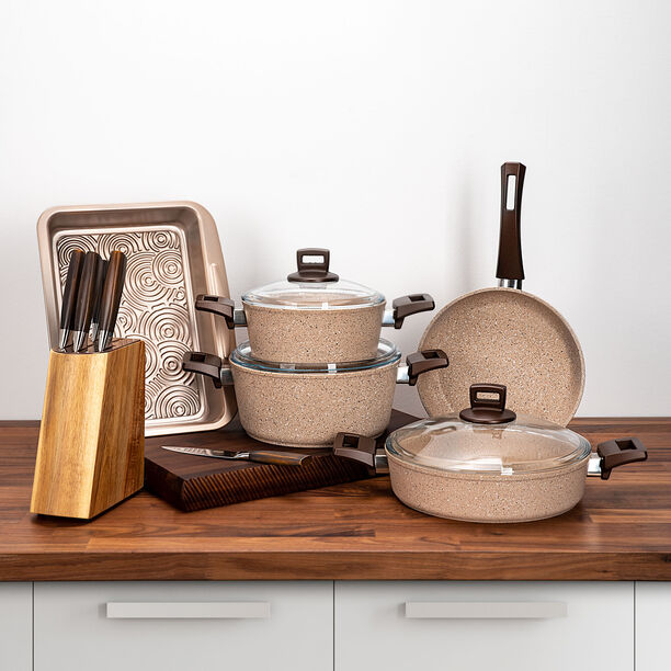 Granite Cookware Set 7 PCS + Knife Block with 5 wood knive Set + Non Stick Roaster Pan + Wood Cutting Board image number 1