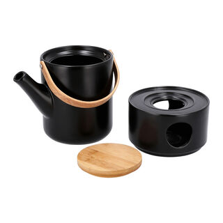 Tea Pot With Bamboo Handle And Warmer In Semi Matt Black Glaze