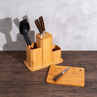 Alberto Bamboo Utensils And Knife Block Holder With Cutting Board 
