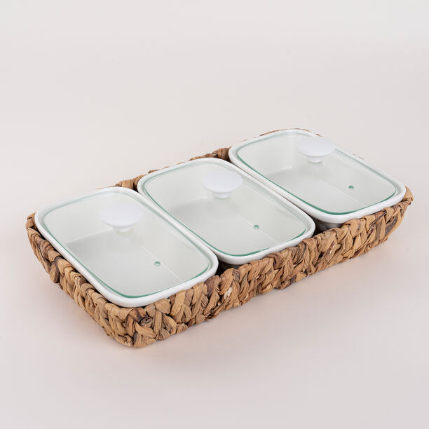 Porcelain 3Pcs Rectangular Casseroles With Lid And Rattan Basket image number 1