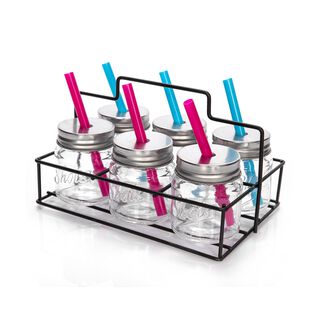 6 Pieces Glass Mug With Straw On Metal Holder