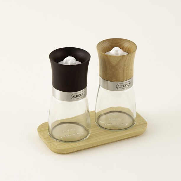 البرتو طقم مطحنة ملح وفلفل زجاج مع قاعدة خشبية 16.5*8.5*14.7 سم image number 2