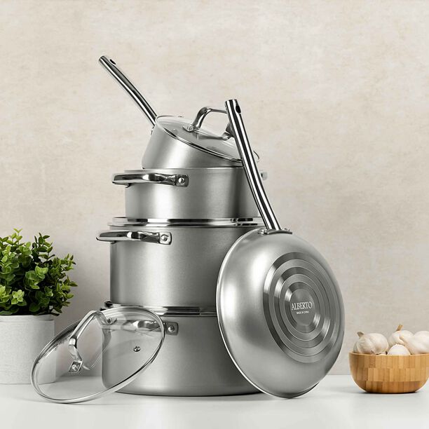 9Pcs Non Stick Cookware Set WithCeramic Coating Inside Silver image number 0