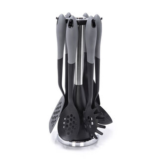 Alberto 6 Piece Cooking Utensils With Rotating Stand Black Gray Color