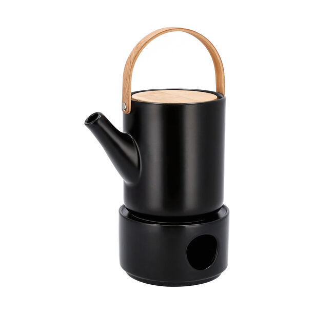 Tea Pot With Bamboo Handle And Warmer In Semi Matt Black Glaze image number 1