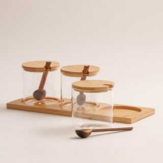 3Pcs glass storage jar set with bamboo lid and spoon and rack