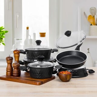 9Pcs Diamond Cookware Set With Glass Lid Black