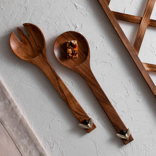 Wooden Salad Server With Olive Decoration Set Of 2 Pieces